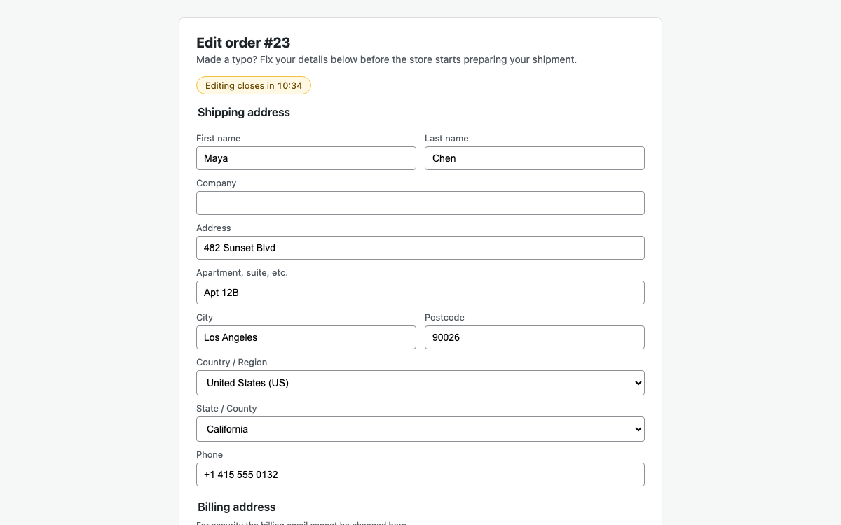 OrderMender customer editor with countdown timer